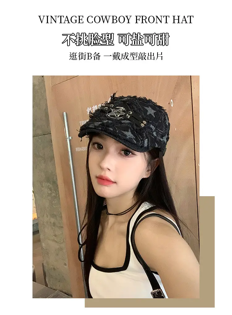 Punk Star Denim Beret Women Summer Newsboy Cap — feature 2