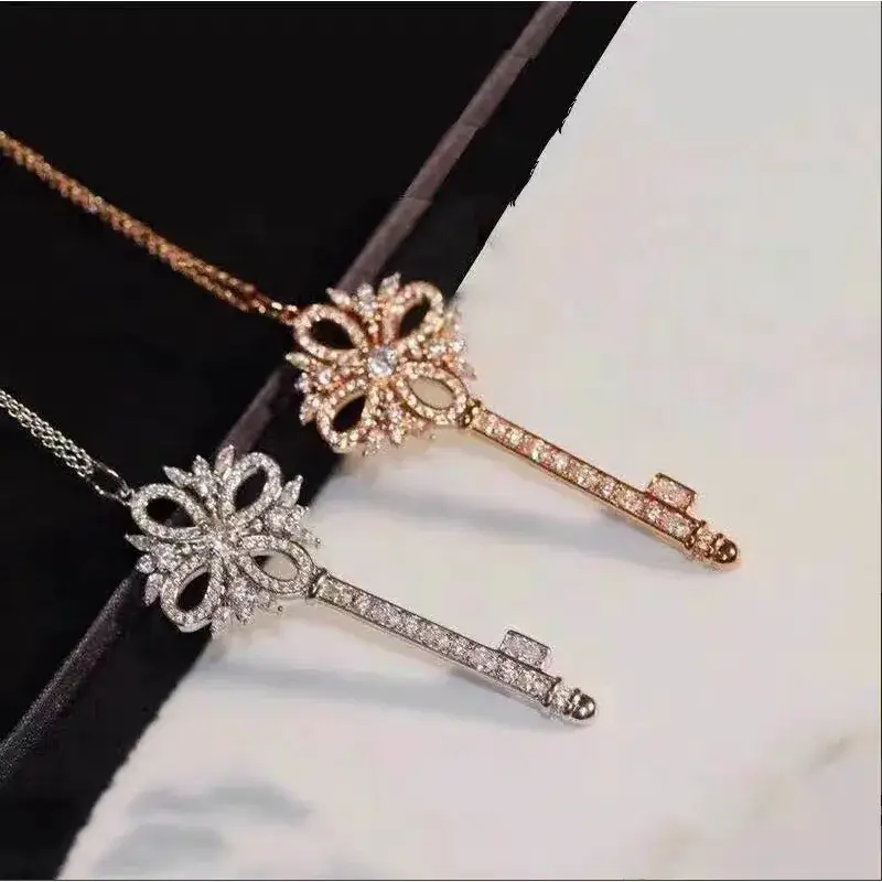 Women's Gold Snowflake Key Pendant Necklace with Diamond Chain
