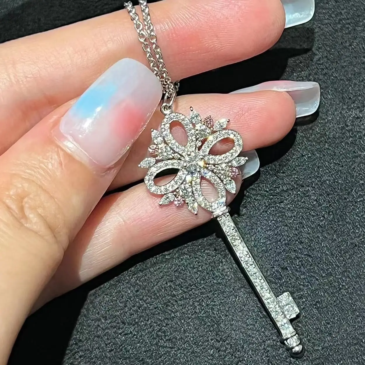 Women's Gold Snowflake Key Pendant Necklace with Diamond Chain — feature 2