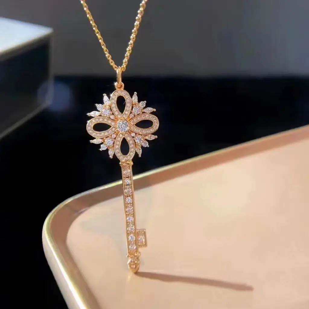 Women's Gold Snowflake Key Pendant Necklace with Diamond Chain — feature 3