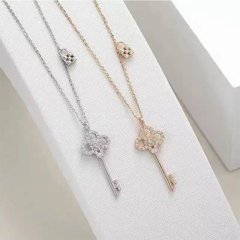 Women's Gold Snowflake Key Pendant Necklace with Diamond Chain — feature 6