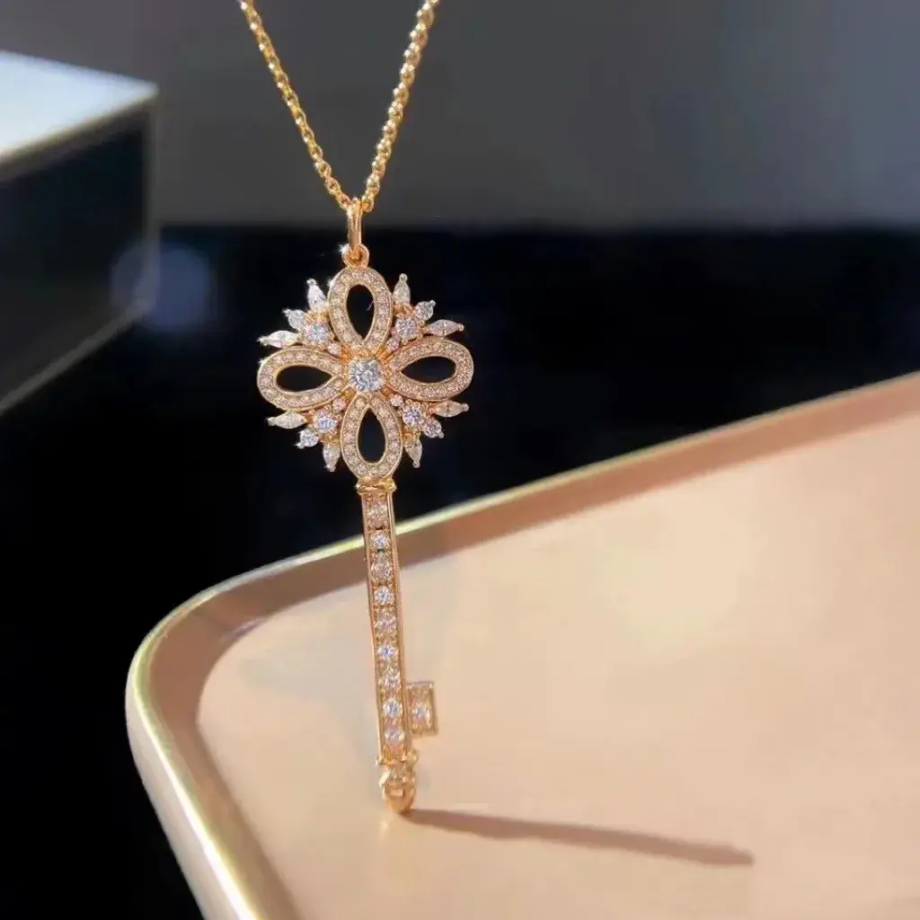 Women's Gold Snowflake Key Pendant Necklace with Diamond Chain