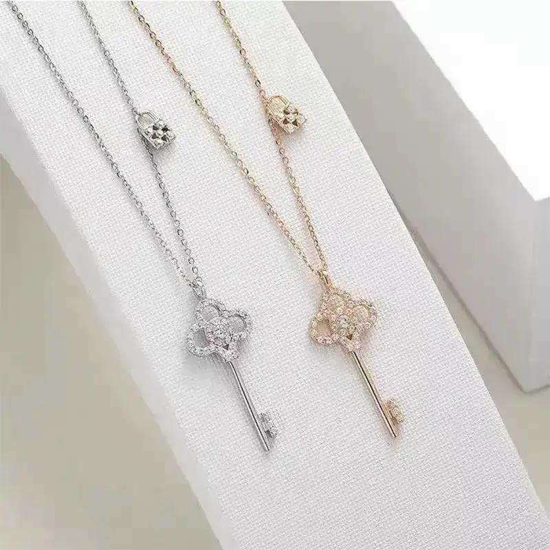 Women's Gold Snowflake Key Pendant Necklace with Diamond Chain