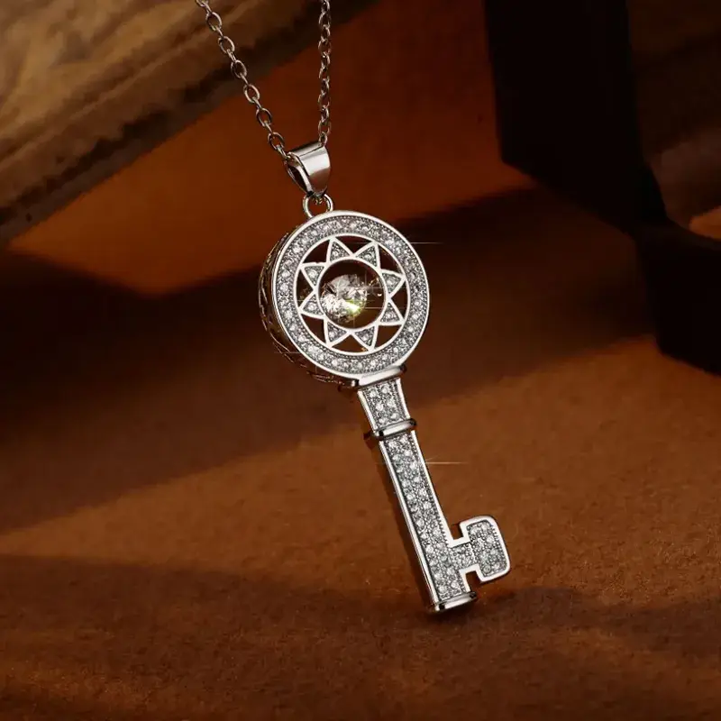 Women's Gold Snowflake Key Pendant Necklace with Diamond Chain