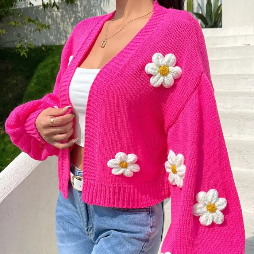 Women's Knitted Flower Sweater Jacket White Cold Shoulder - Image 8