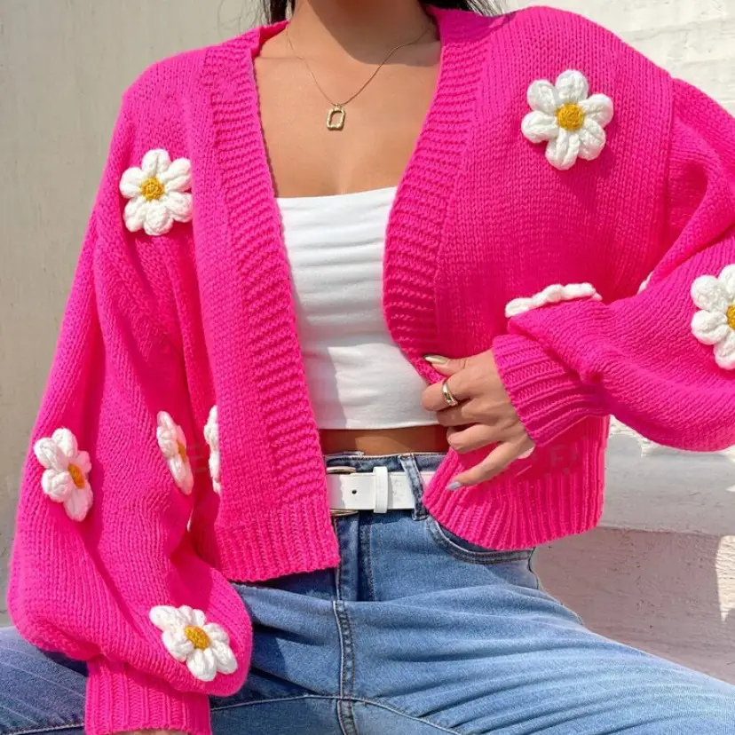 Women's Knitted Flower Sweater Jacket White Cold Shoulder - Image 9