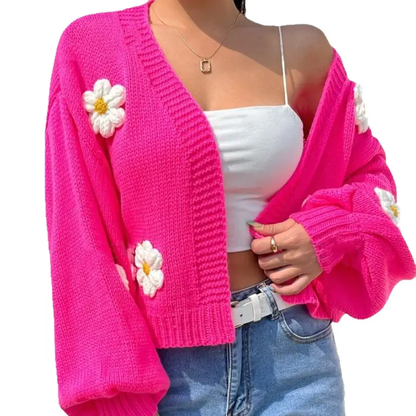 Women's Knitted Flower Sweater Jacket White Cold Shoulder - Image 11