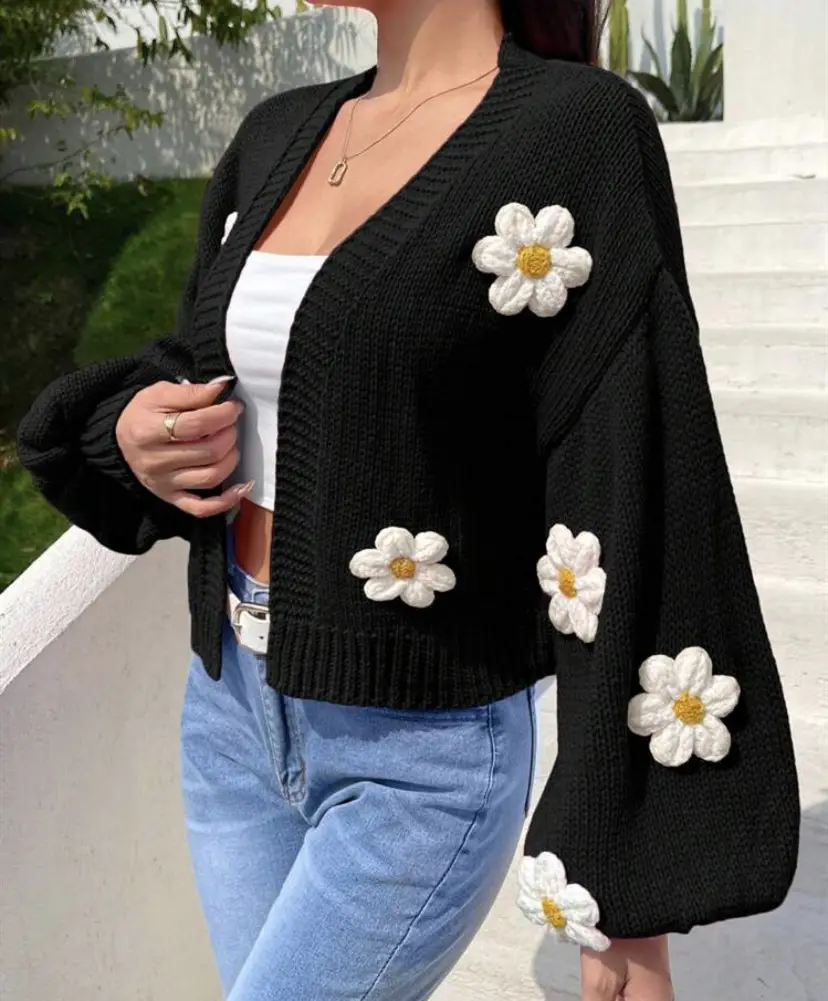 Women's Knitted Flower Sweater Jacket White Cold Shoulder — feature 16