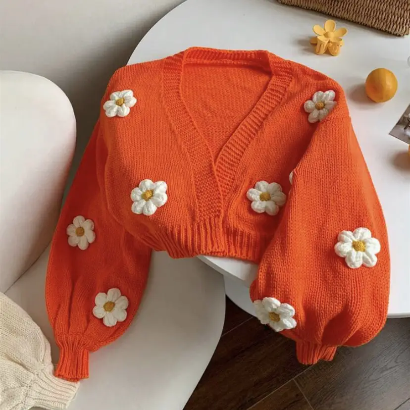 Women's Knitted Flower Sweater Jacket White Cold Shoulder — feature 18