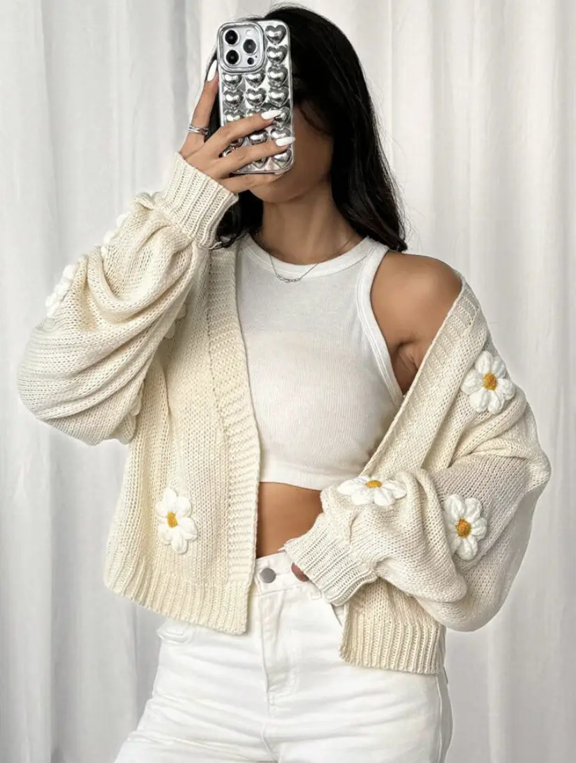 Women's Knitted Flower Sweater Jacket White Cold Shoulder — feature 20