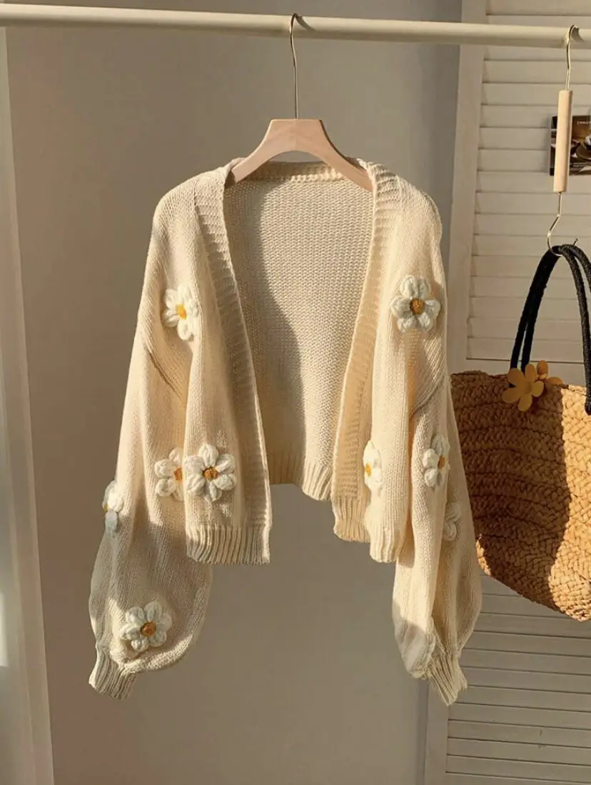 Women's Knitted Flower Sweater Jacket White Cold Shoulder — feature 22