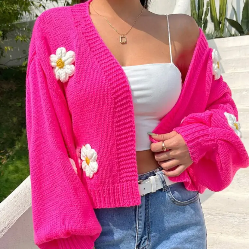 Women's Knitted Flower Sweater Jacket White Cold Shoulder — feature 7