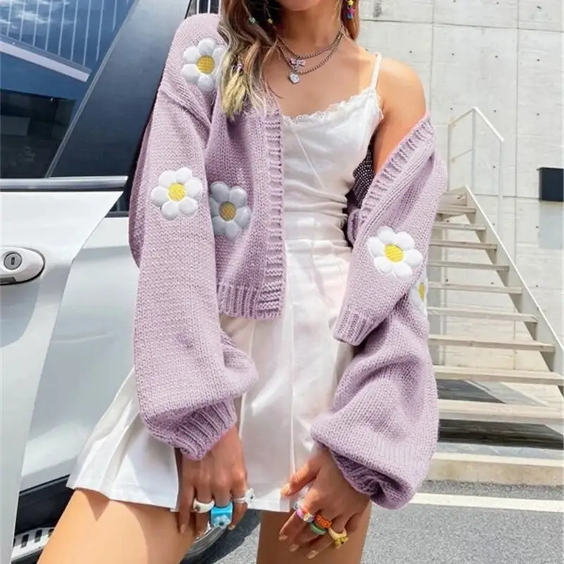 Women's Knitted Flower Sweater Jacket White Cold Shoulder - Image 4