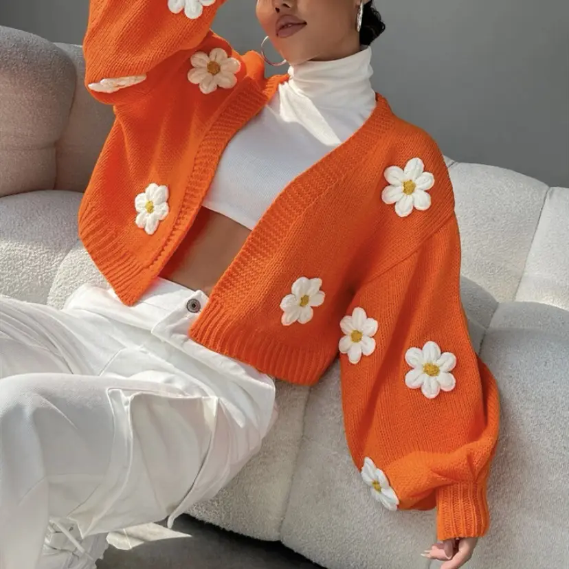 Women's Knitted Flower Sweater Jacket White Cold Shoulder - Image 6