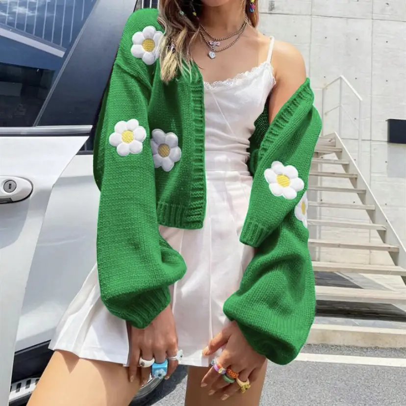Women's Knitted Flower Sweater Jacket White Cold Shoulder — feature 19