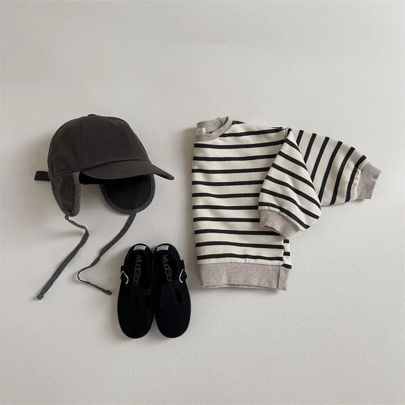 Kids Striped Long Sleeve T-Shirt & Grey Pants Set 2025 Spring Korean Style - Image 3