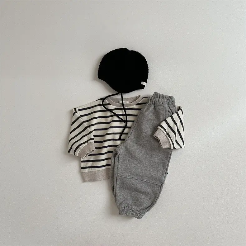 Kids Striped Long Sleeve T-Shirt & Grey Pants Set 2025 Spring Korean Style - Image 5