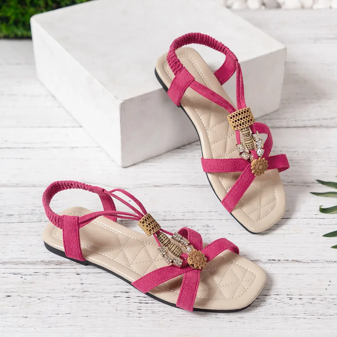 Square Toe Flat Sandals for Women 2025 New European and American Open-Toe Beaded Bohemian Style Comfortable Beach Sandals - Image 5