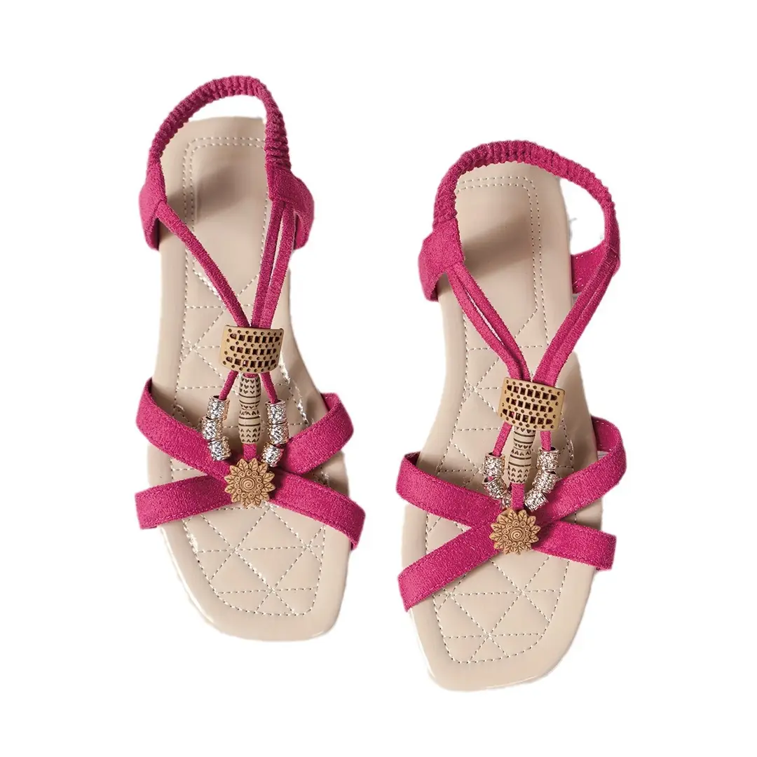 Square Toe Flat Sandals for Women 2025 New European and American Open-Toe Beaded Bohemian Style Comfortable Beach Sandals - Image 6
