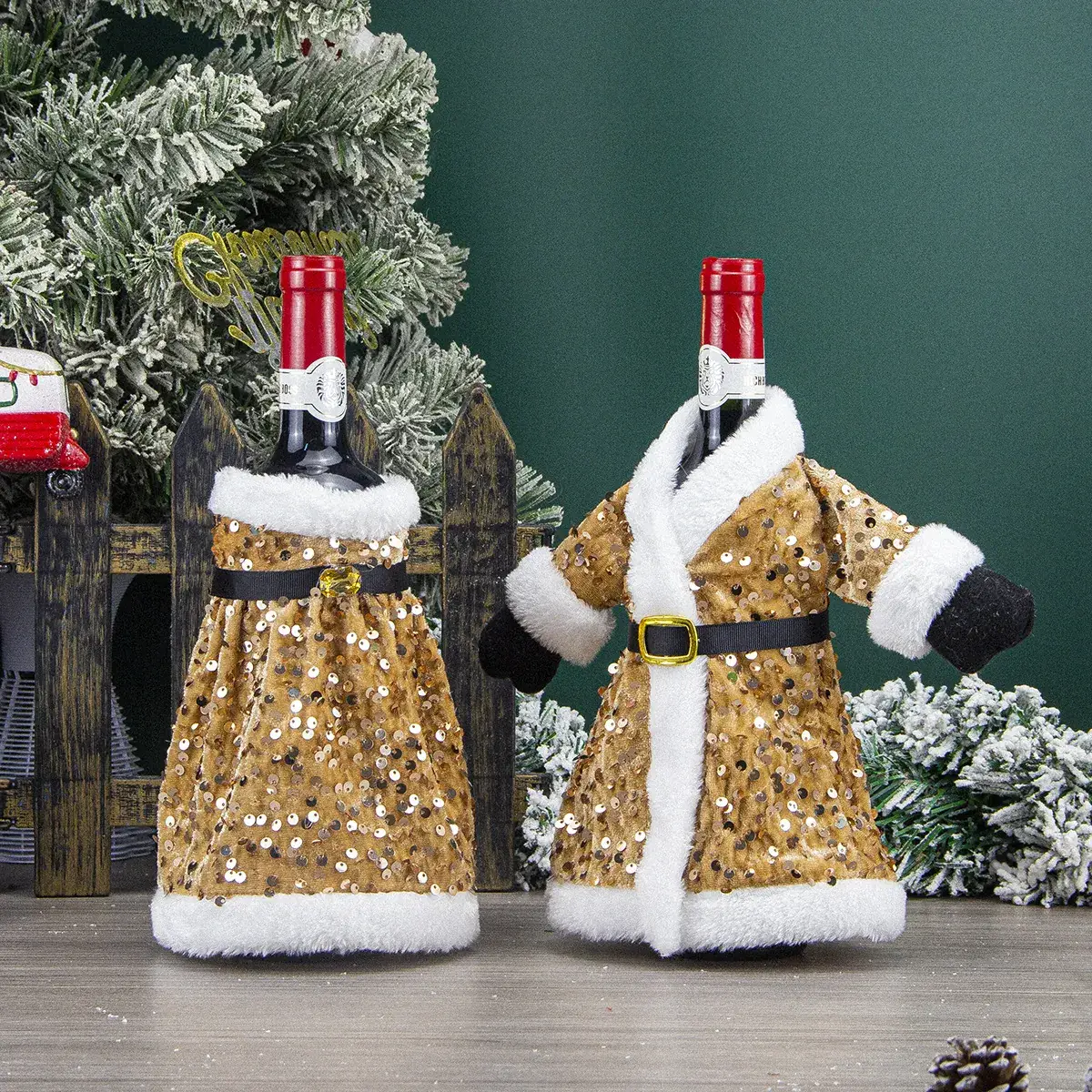 Cross-Country Christmas Wine Bottle Set with Sequins & Plush Fur - Image 7