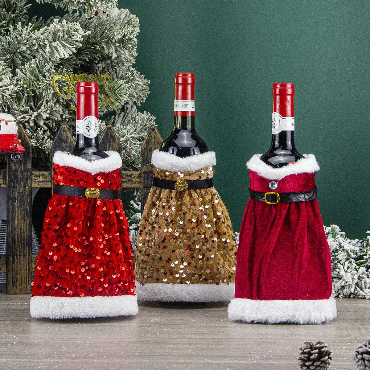 Cross-Country Christmas Wine Bottle Set with Sequins & Plush Fur — feature 11