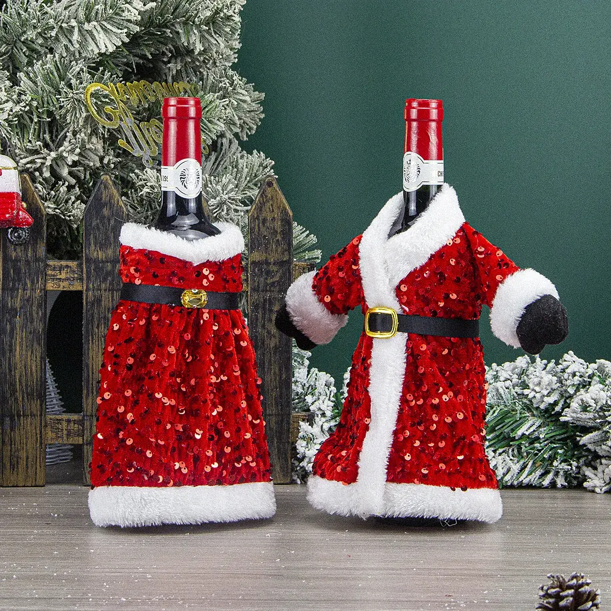 Cross-Country Christmas Wine Bottle Set with Sequins & Plush Fur — feature 12