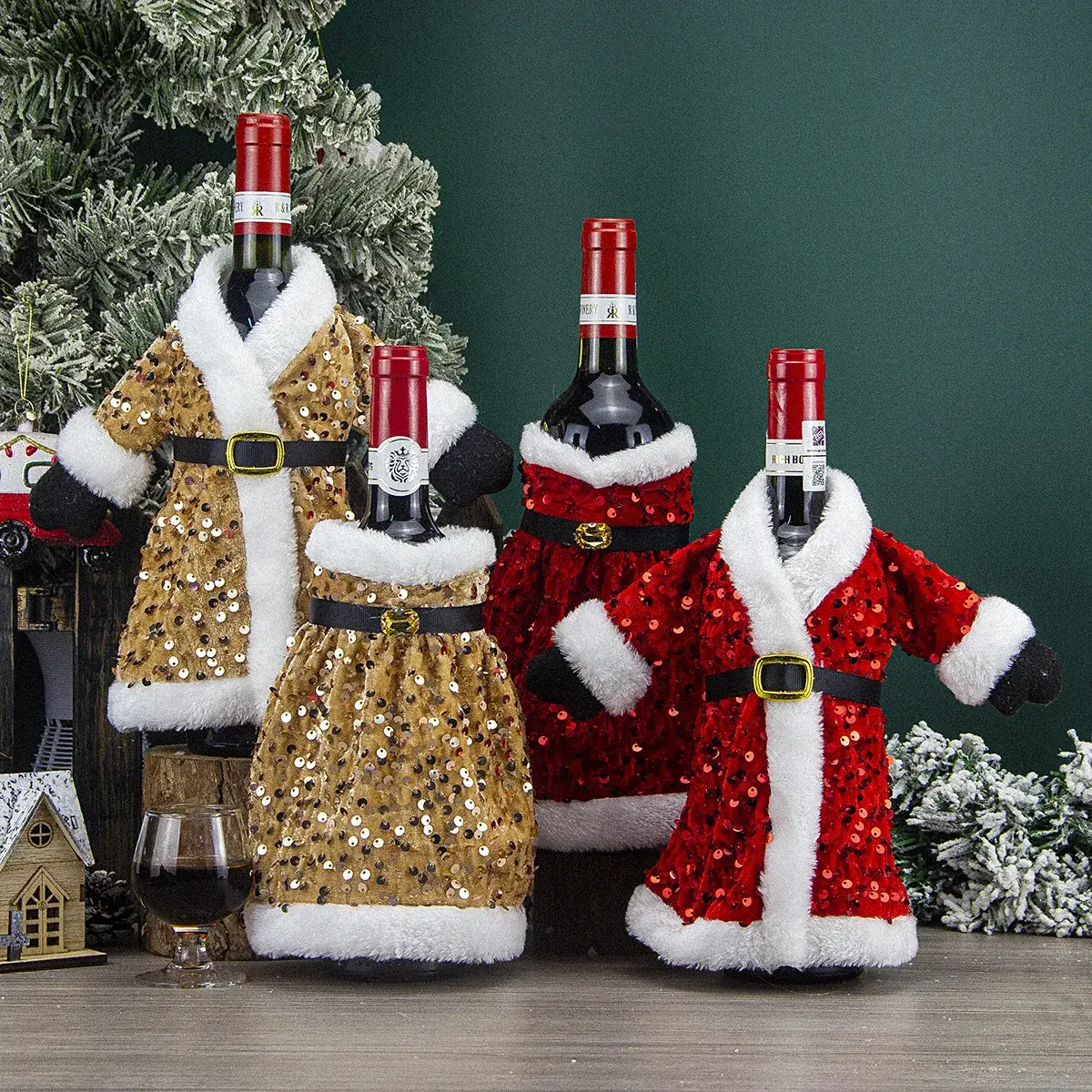 Cross-Country Christmas Wine Bottle Set with Sequins & Plush Fur — feature 6
