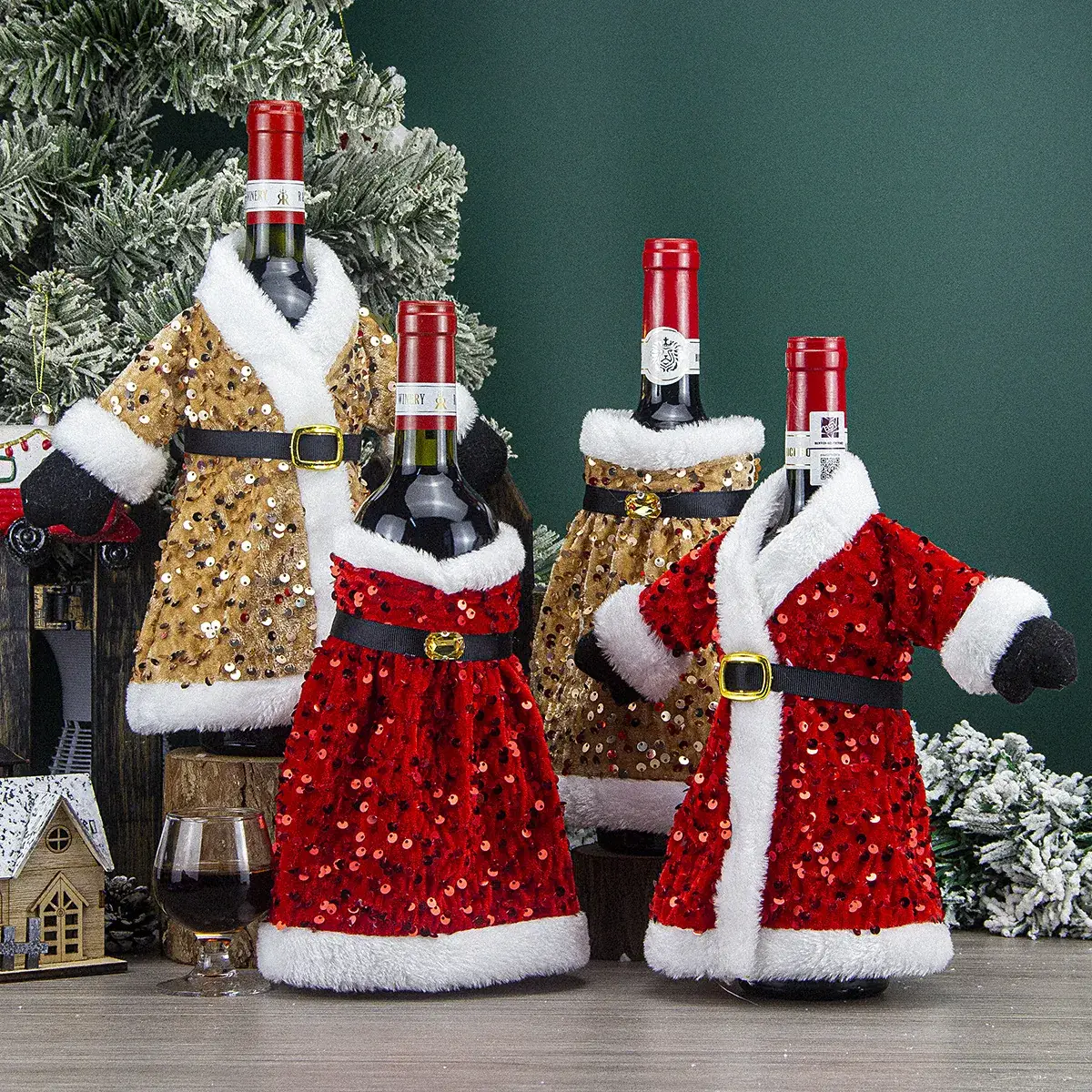 Cross-Country Christmas Wine Bottle Set with Sequins & Plush Fur — feature 7