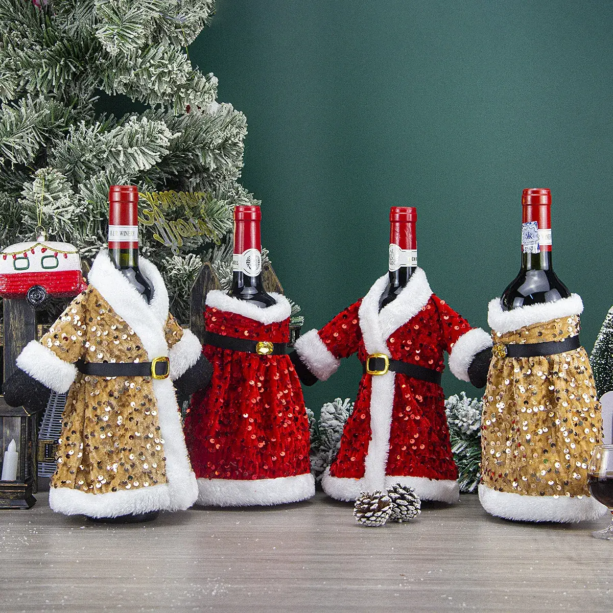Cross-Country Christmas Wine Bottle Set with Sequins & Plush Fur — feature 8