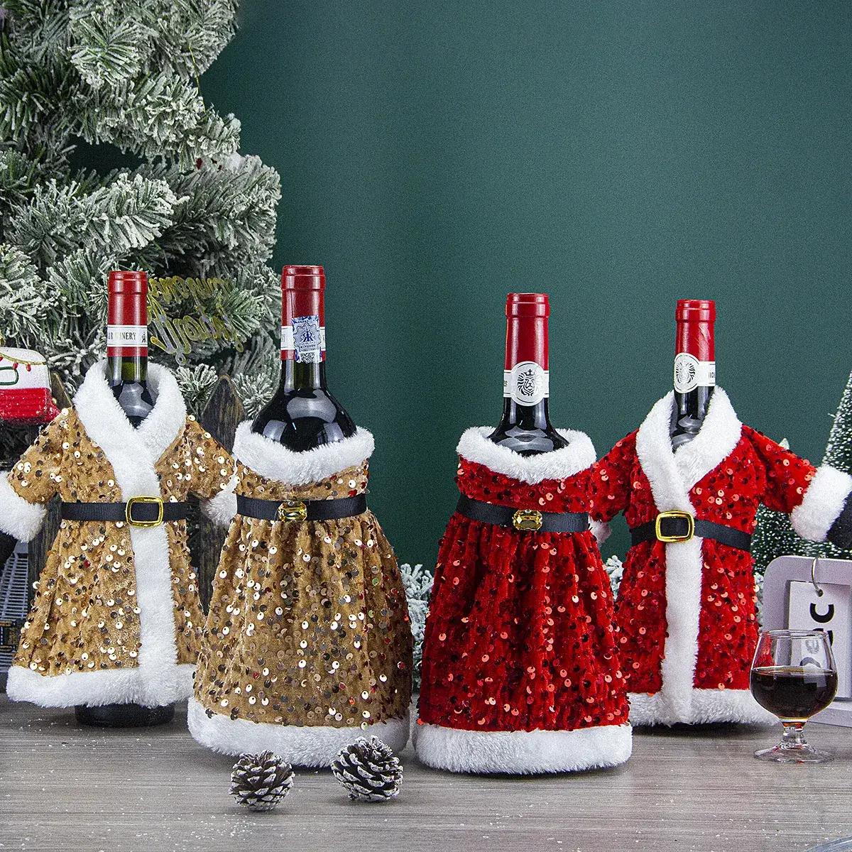 Cross-Country Christmas Wine Bottle Set with Sequins & Plush Fur — feature 9