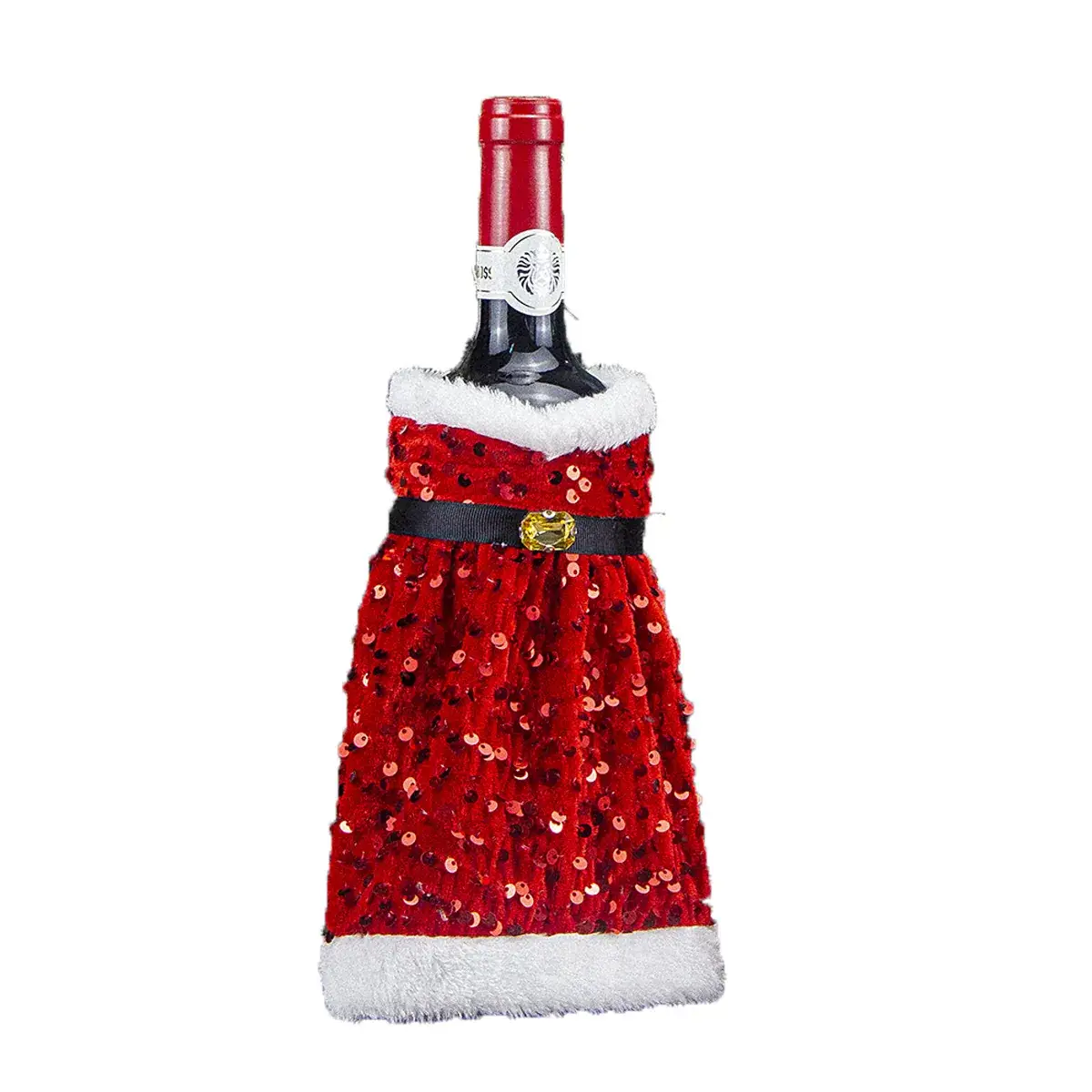 Cross-Country Christmas Wine Bottle Set with Sequins & Plush Fur - Image 2