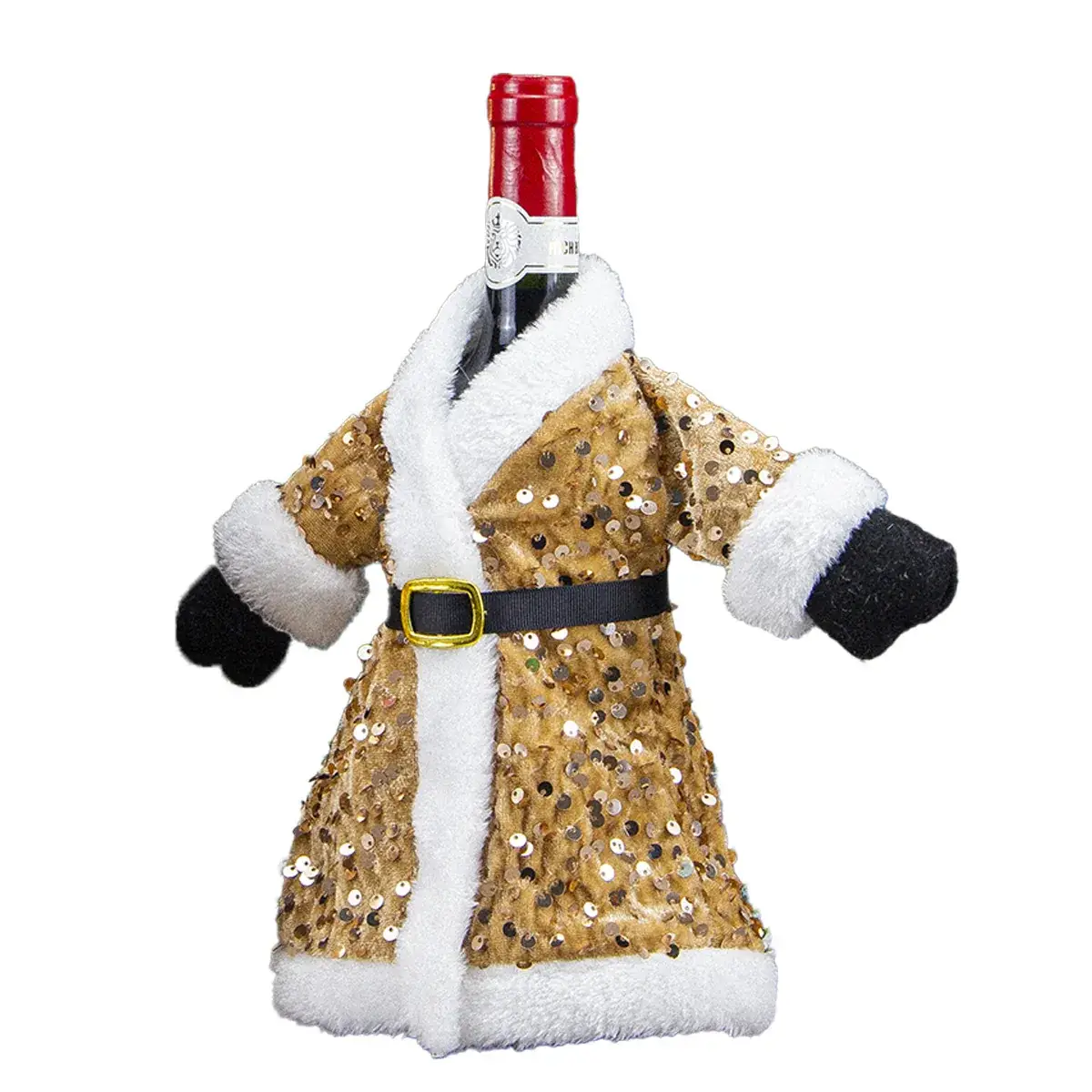 Cross-Country Christmas Wine Bottle Set with Sequins & Plush Fur - Image 3