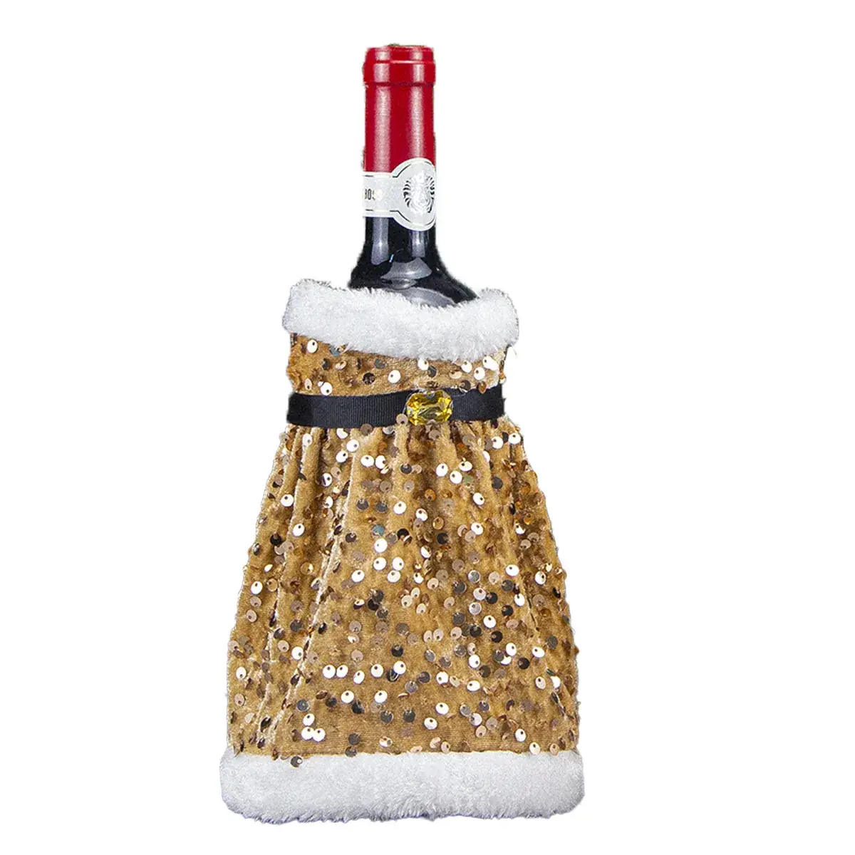 Cross-Country Christmas Wine Bottle Set with Sequins & Plush Fur - Image 4