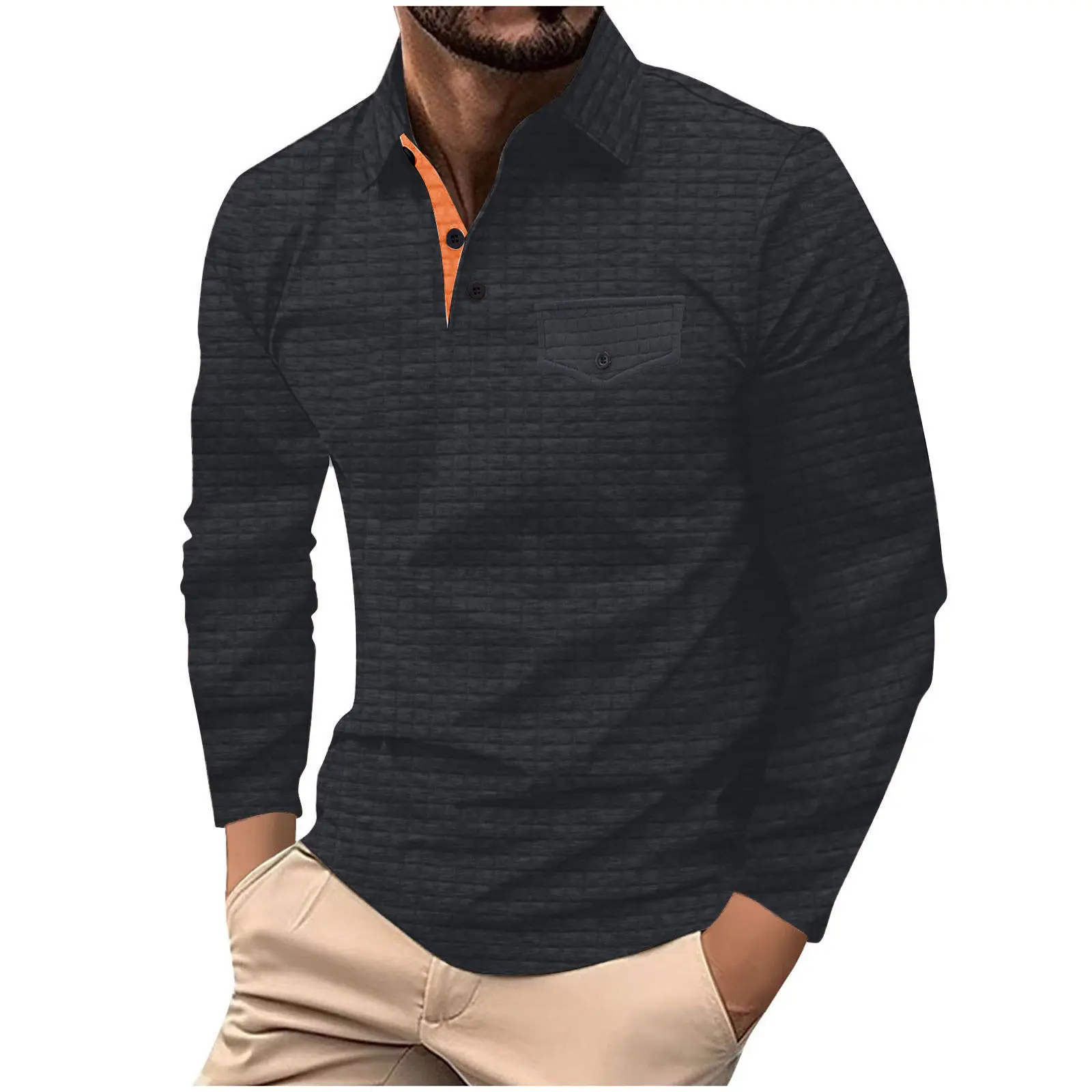 Men's Dark Gray Plaid Polo Shirt with Button Pocket - Image 9