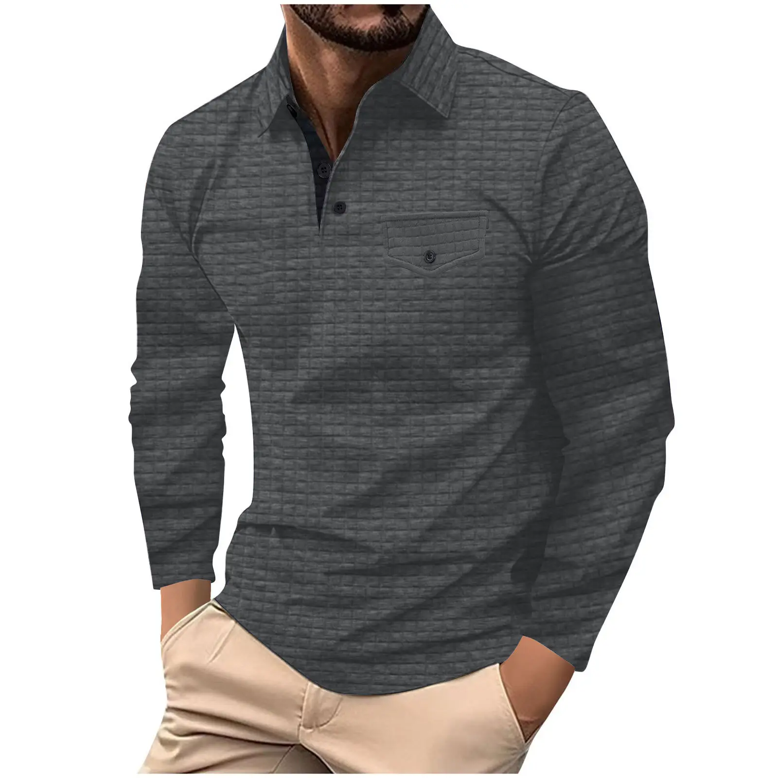 Men's Dark Gray Plaid Polo Shirt with Button Pocket - Image 5