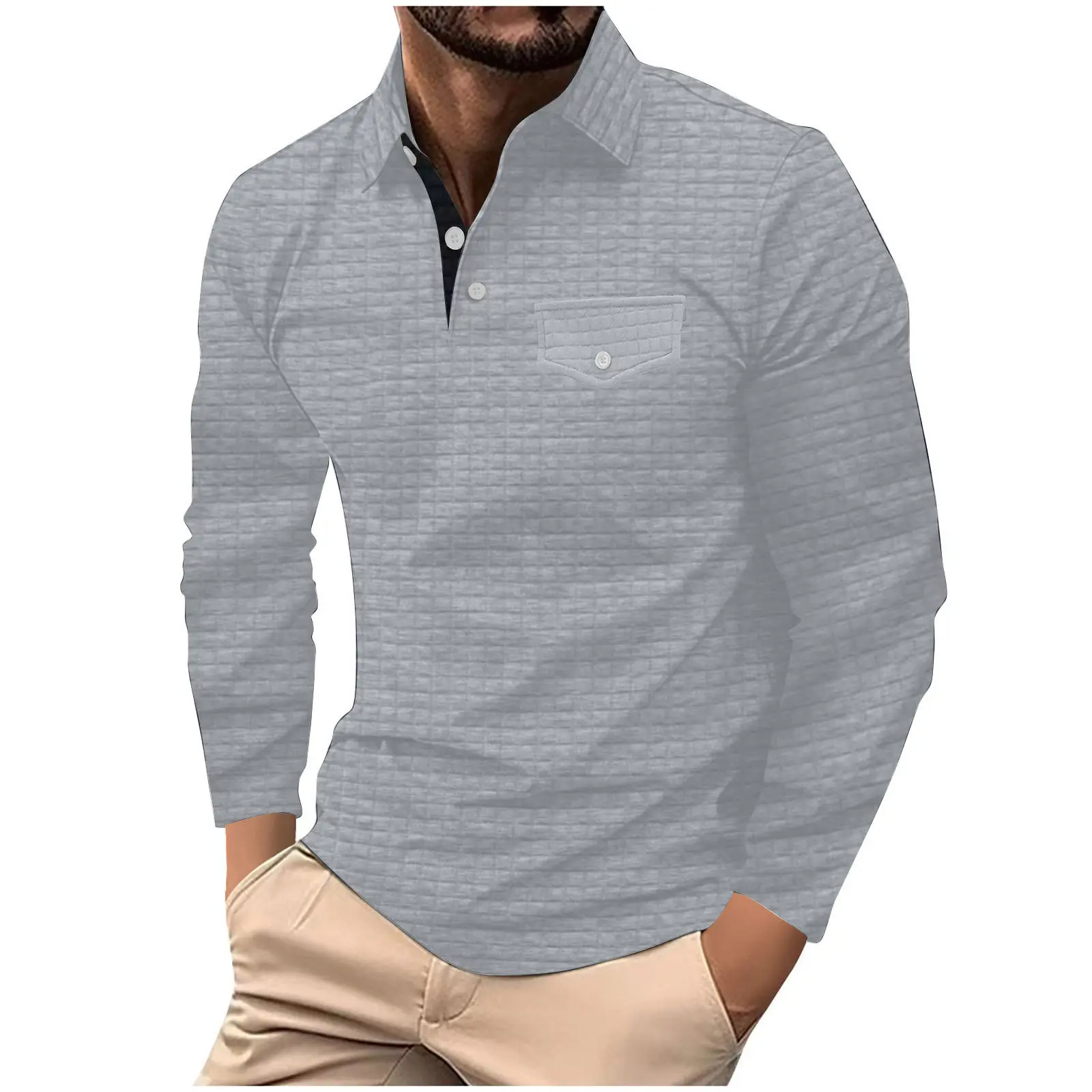 Men's Dark Gray Plaid Polo Shirt with Button Pocket - Image 6