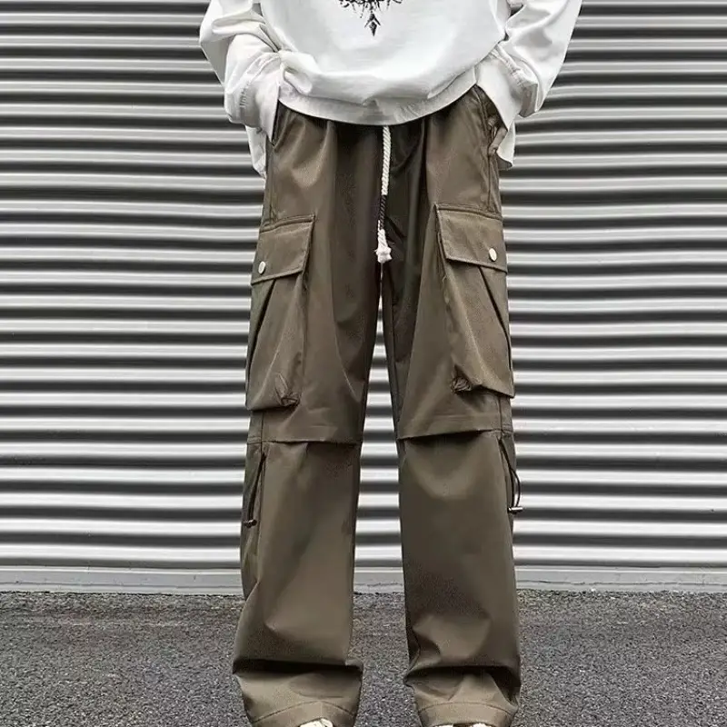 Men Fleece Lined Wide Leg Pants Brown Cargo Style