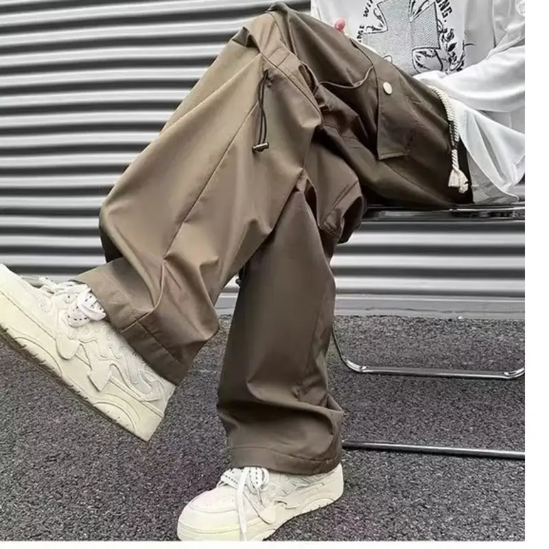 Men Fleece Lined Wide Leg Pants Brown Cargo Style