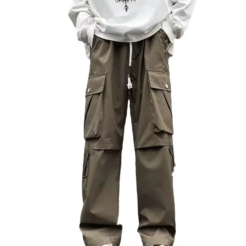 Men Fleece Lined Wide Leg Pants Brown Cargo Style