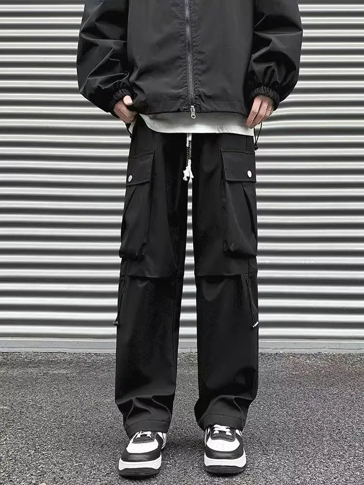 Men Fleece Lined Wide Leg Pants Brown Cargo Style — feature 2