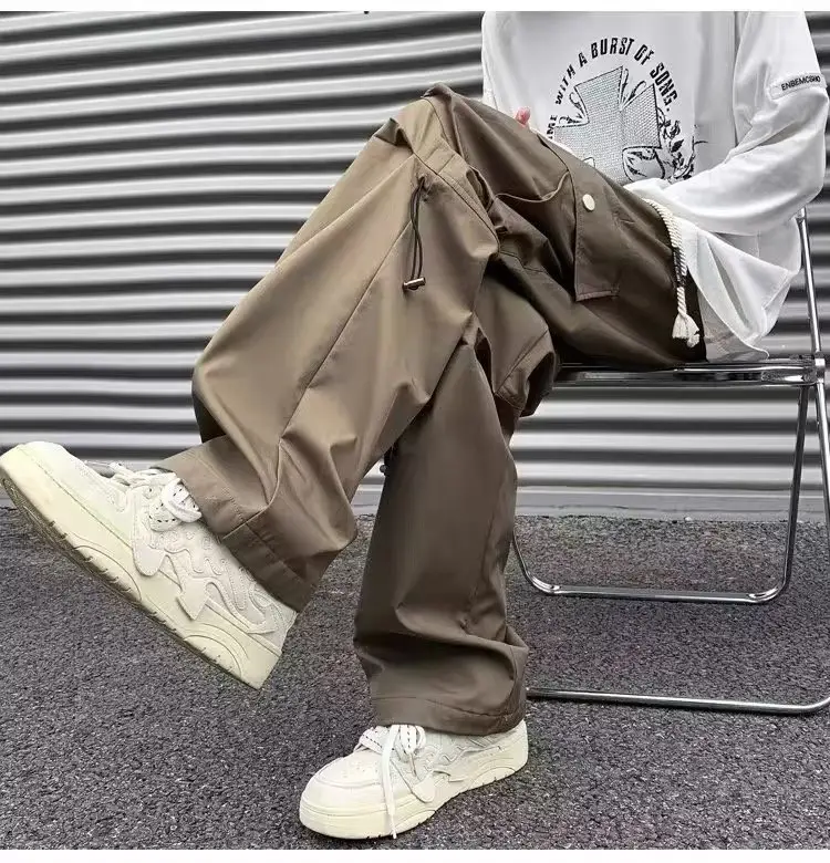 Men Fleece Lined Wide Leg Pants Brown Cargo Style — feature 7