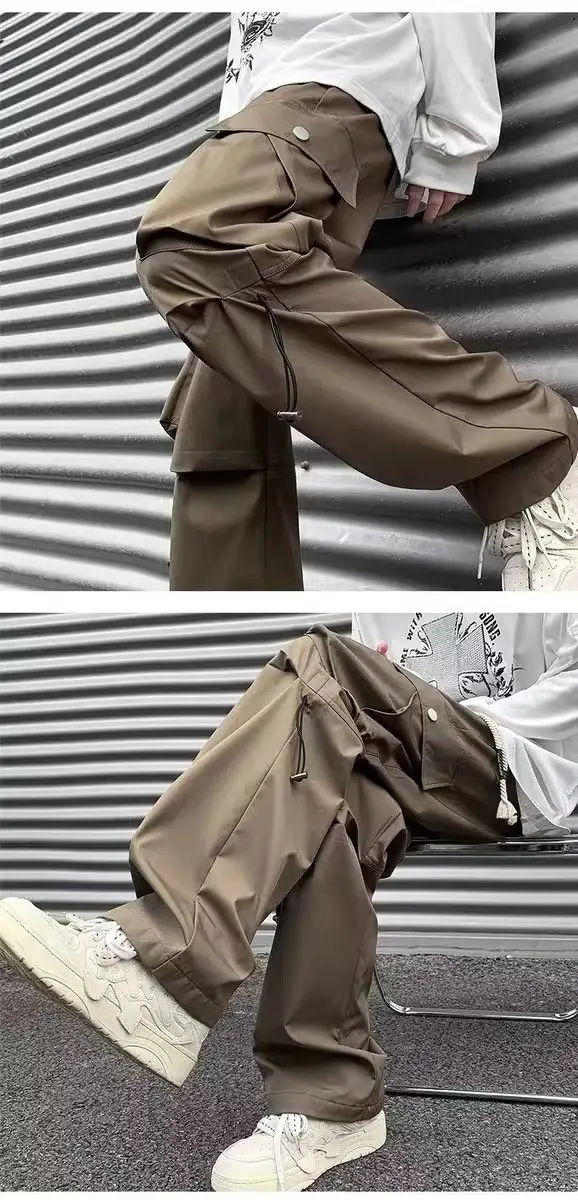 Men Fleece Lined Wide Leg Pants Brown Cargo Style — feature 8