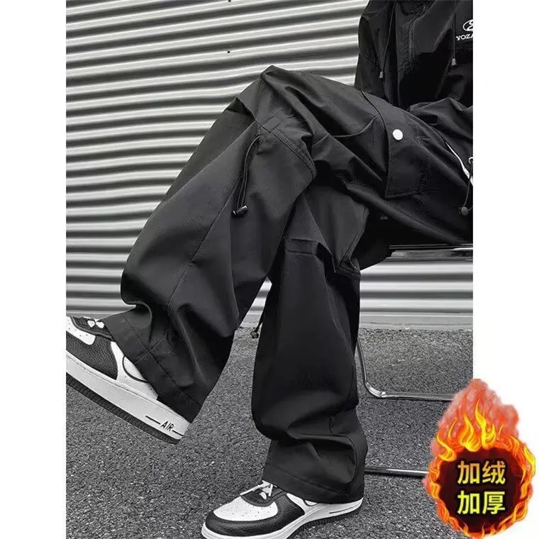 Men Fleece Lined Wide Leg Pants Brown Cargo Style