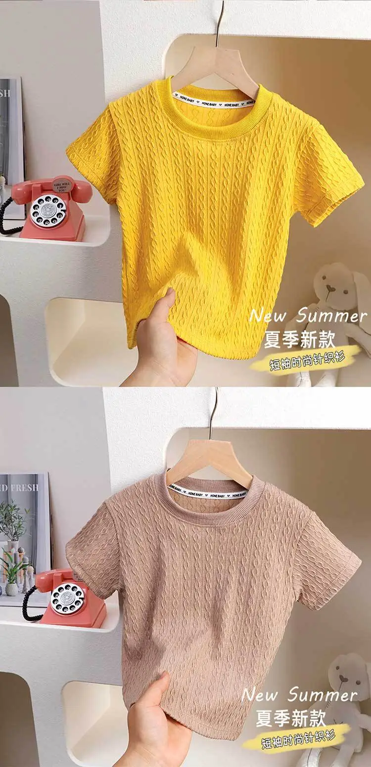 Yellow Knitted Round Neck T-Shirt for Girls Boys — feature 9