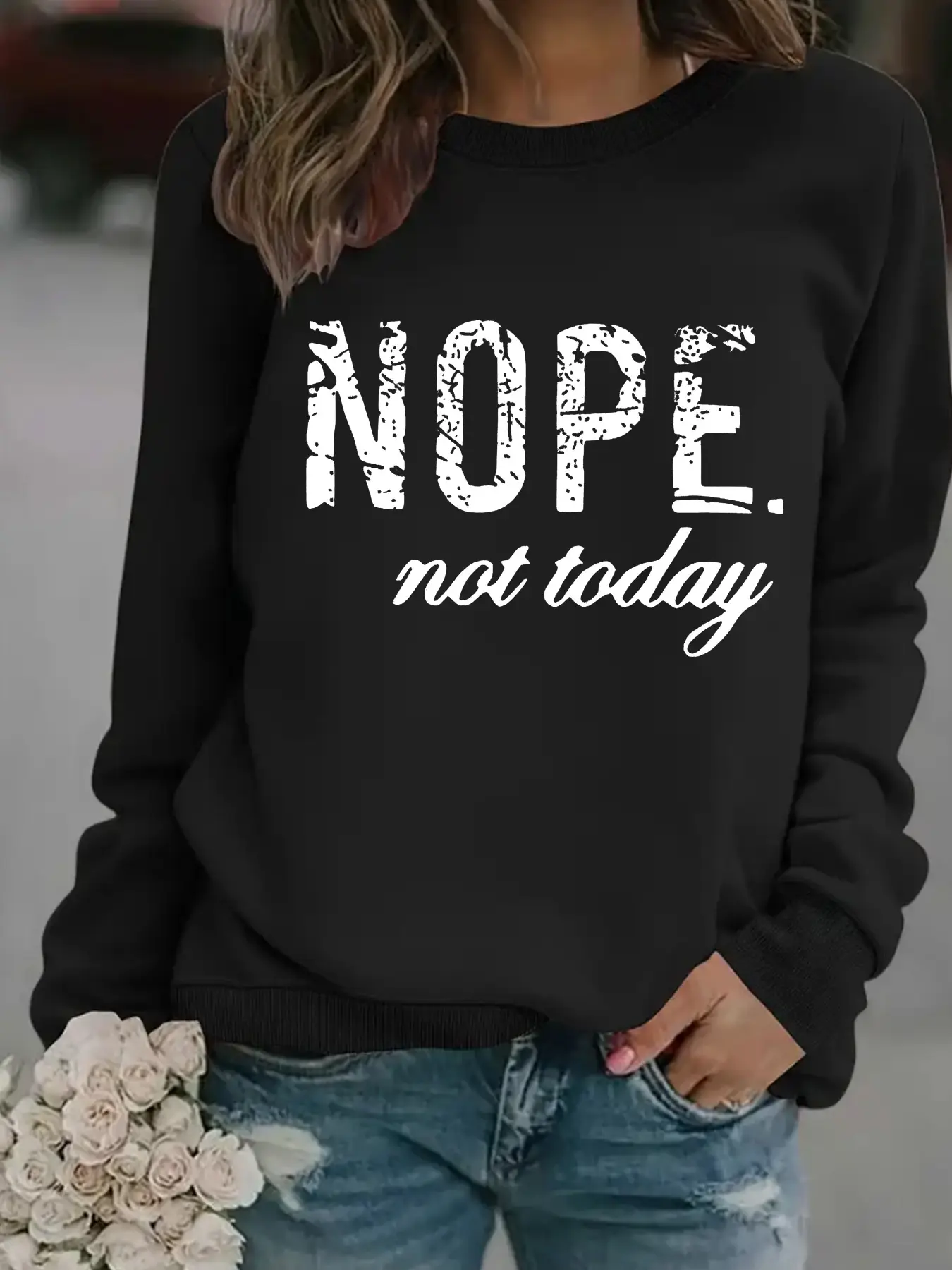 Women's Orange NOPE Slogan Sweatshirt Long Sleeve Round Neck - Image 3
