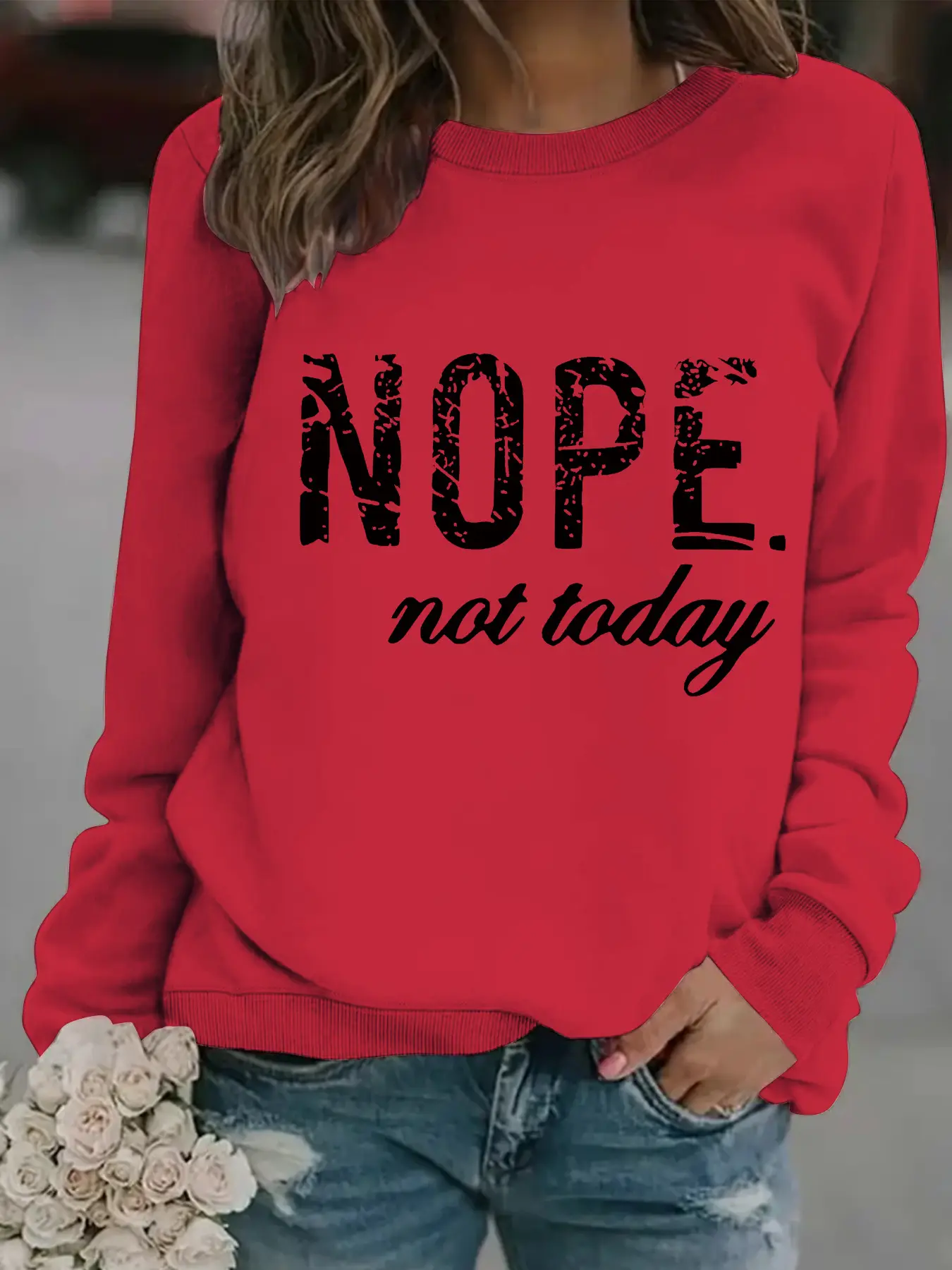 Women's Orange NOPE Slogan Sweatshirt Long Sleeve Round Neck - Image 4