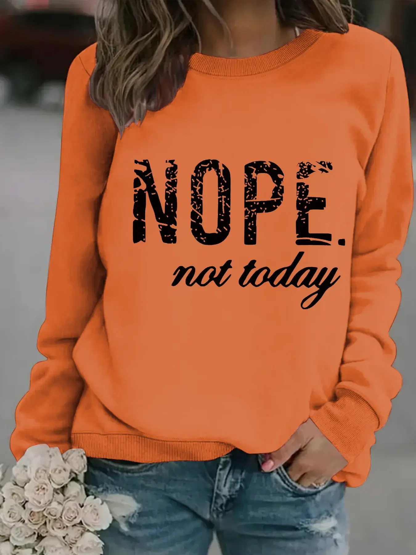 Women's Orange NOPE Slogan Sweatshirt Long Sleeve Round Neck — feature 2