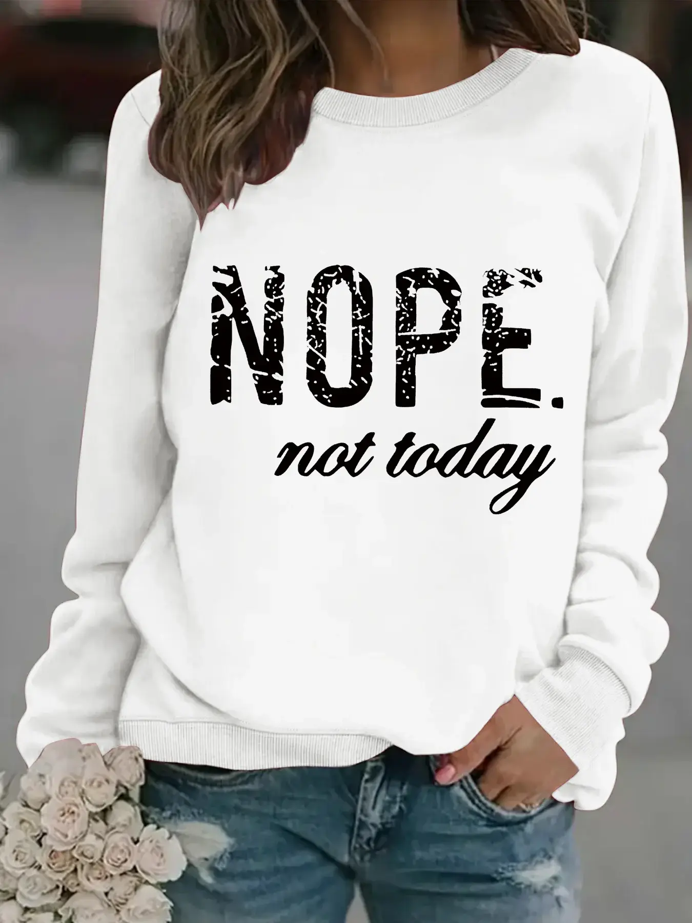 Women's Orange NOPE Slogan Sweatshirt Long Sleeve Round Neck — feature 3