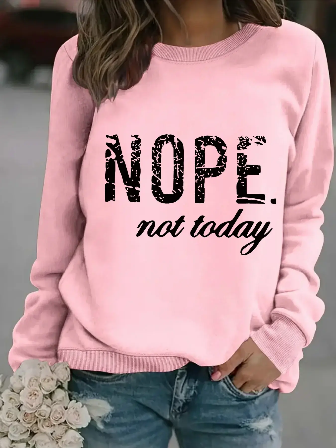 Women's Orange NOPE Slogan Sweatshirt Long Sleeve Round Neck — feature 4