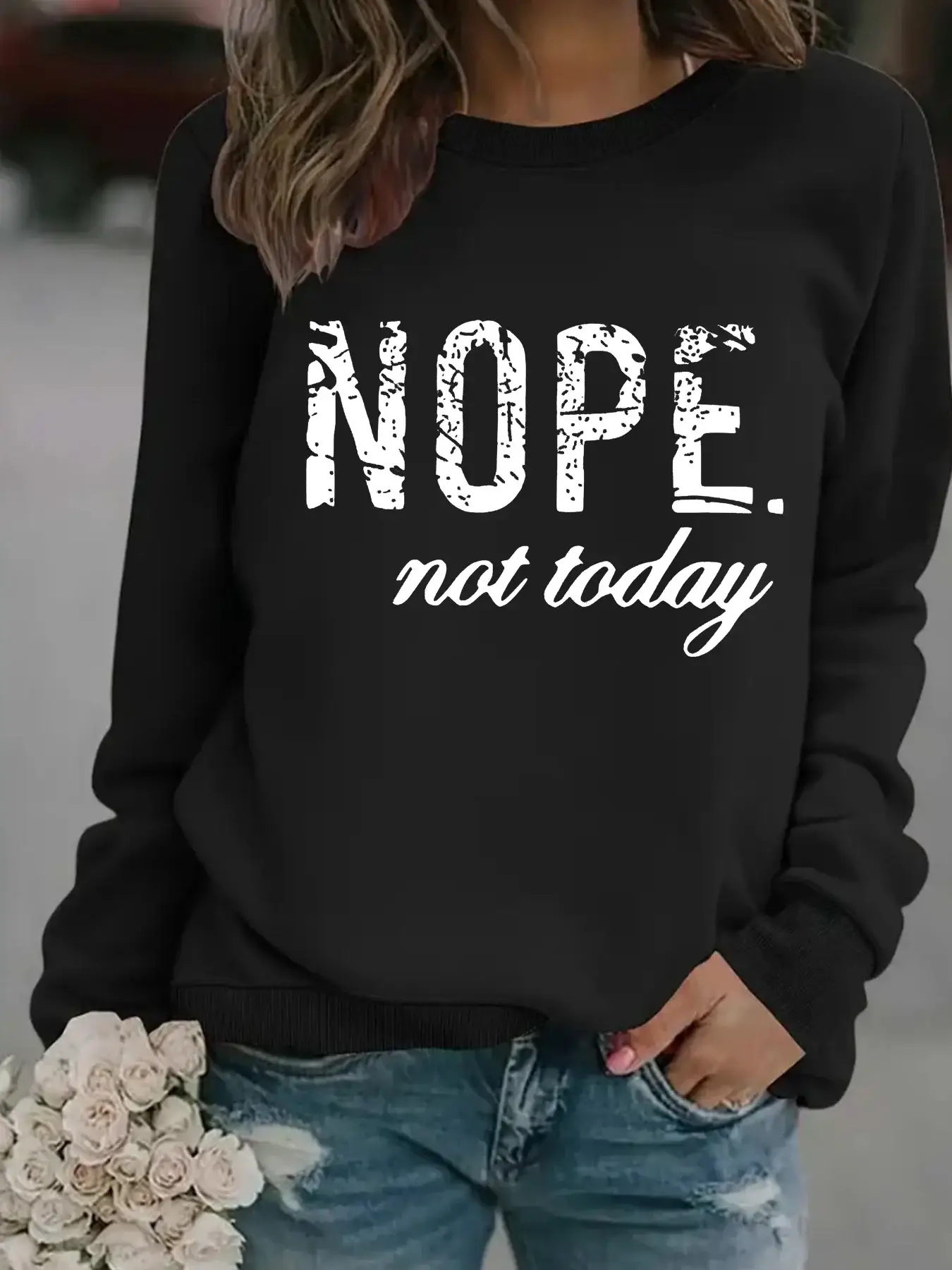 Women's Orange NOPE Slogan Sweatshirt Long Sleeve Round Neck — feature 5